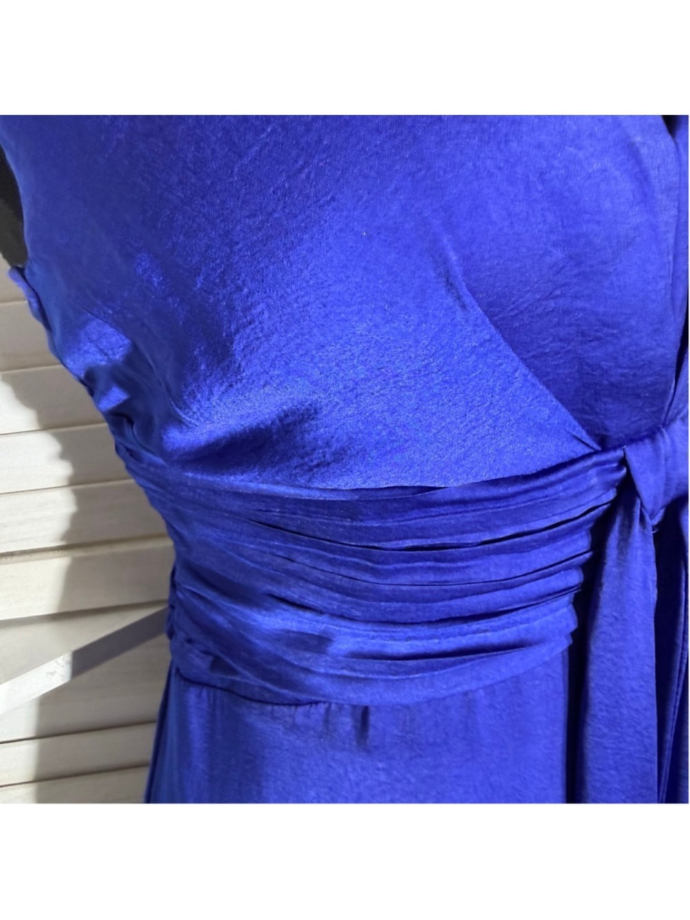 Minuet royal blue cocktail maxi dress fit flare ruched waist low sexy back sz L - Picture 9 of 14